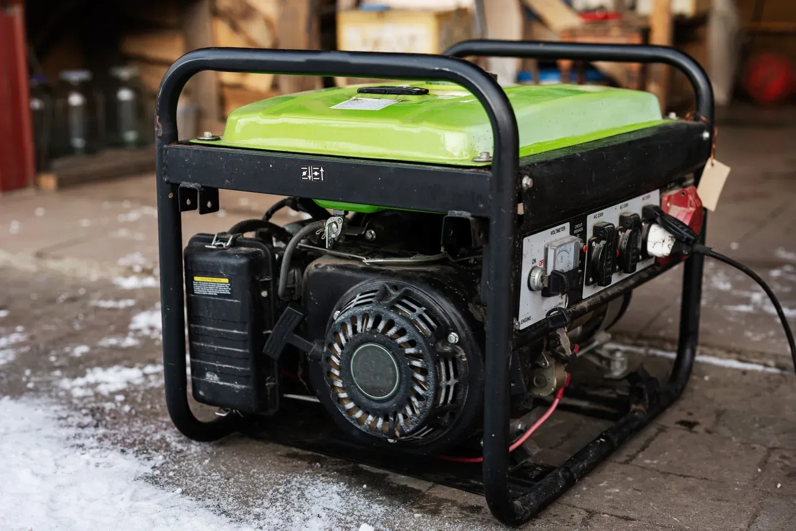 A green portable generator is sitting on the ground in a garage.