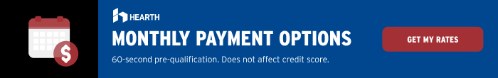 Monthly payment options banner with calendar icon and red “Get My Rates” button on a blue background