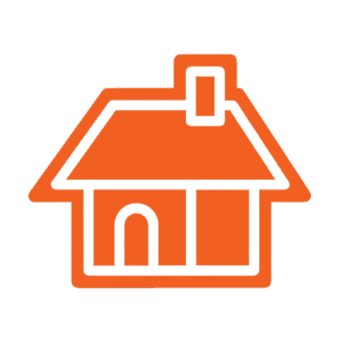 An orange icon of a house with a chimney on the roof.