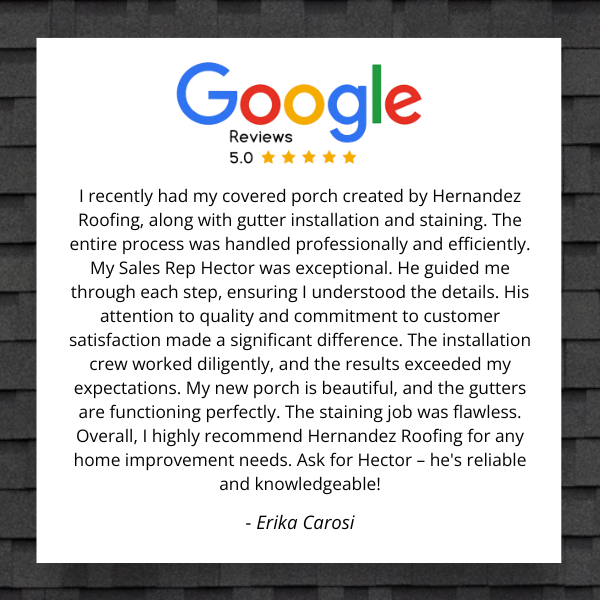 A google review of a porch created by hernandez roofing