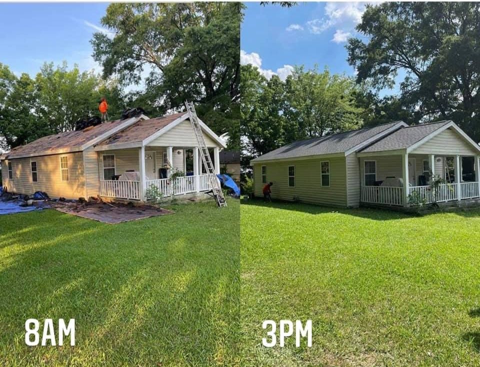 A before and after photo of a house with a google review