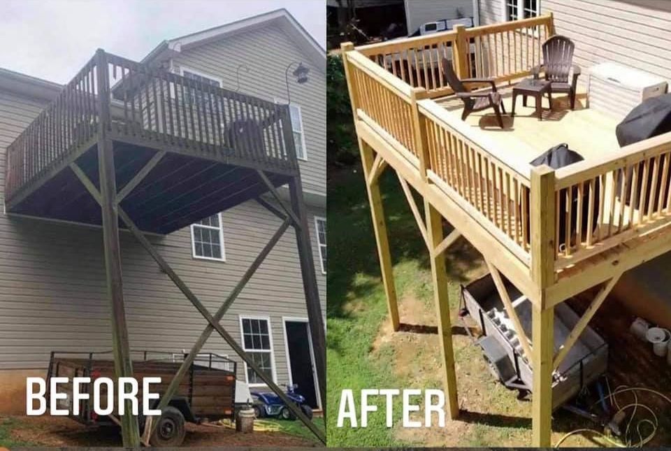 A before and after picture of a deck being built by hernandez roofing