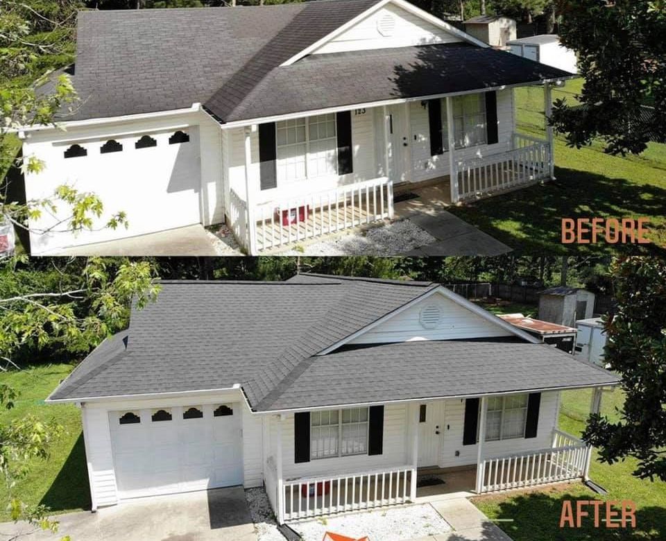 A before and after photo of a house with a google review