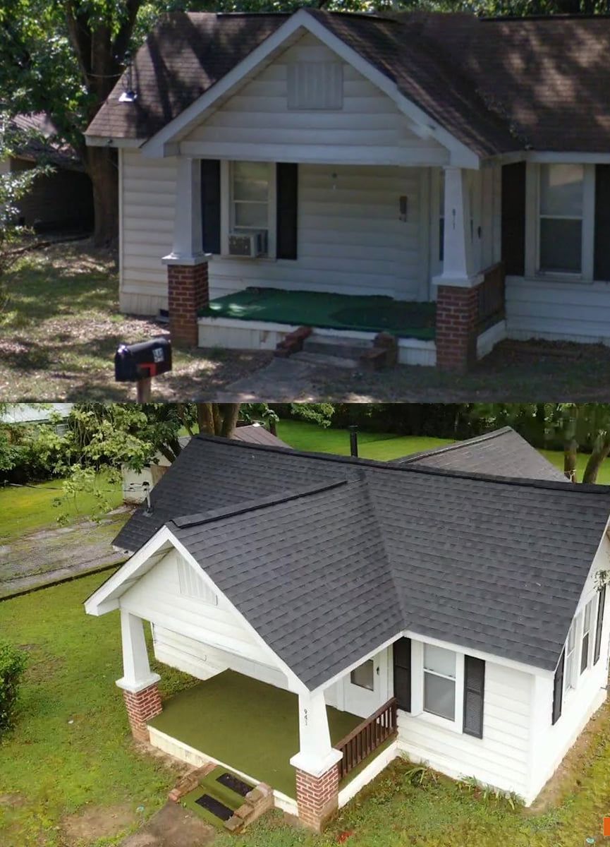 A before and after picture of a house with a new roof
