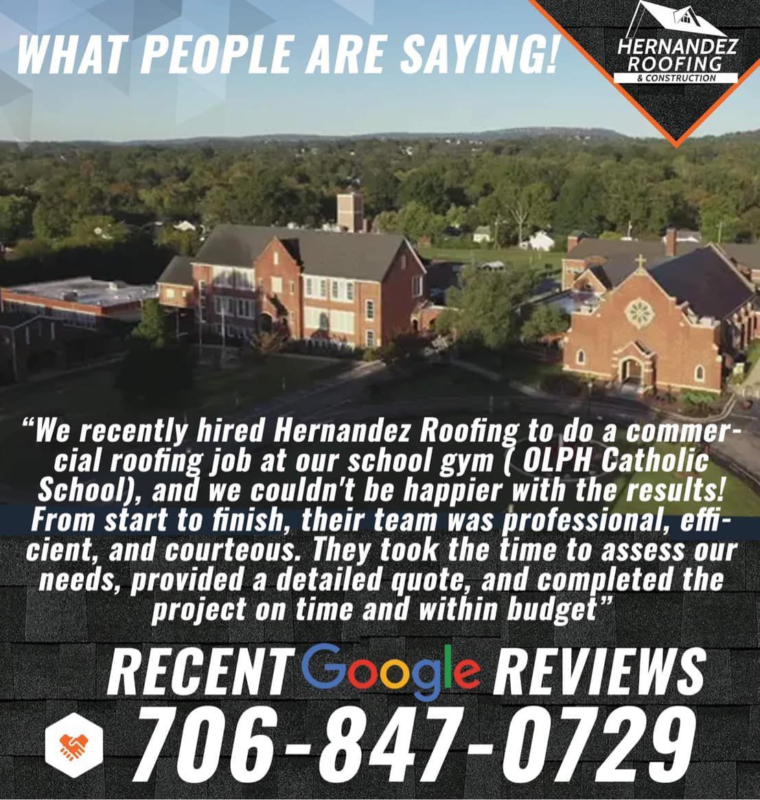 An advertisement for hernandez roofing shows an aerial view of a school gym