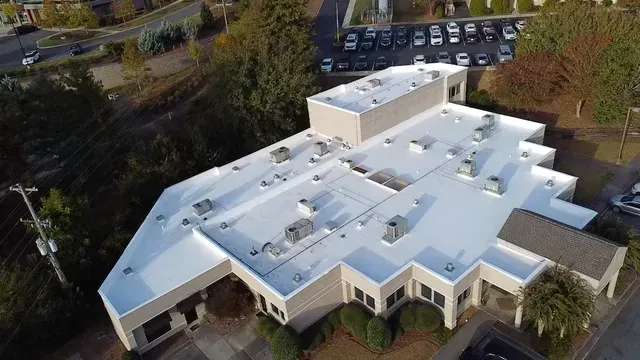 An aerial view of a large house surrounded by trees.