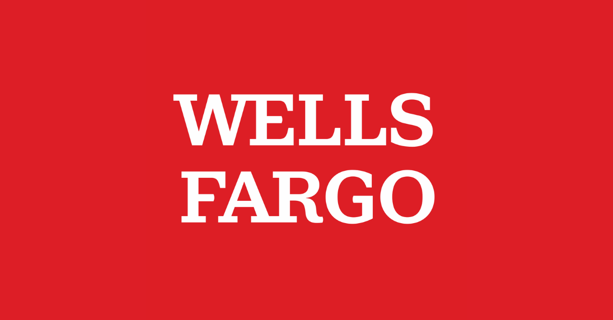 The wells fargo logo is on a red background.