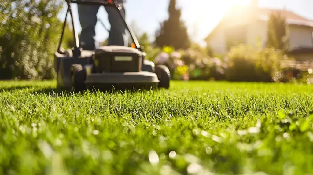 A person pushes a lawnmower across a vibrant green lawn on a sunny day, with a house visible in the blurred background.