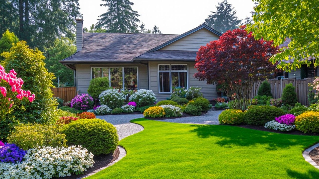 A well-manicured garden with vibrant flowers and shrubs surrounds a suburban house with a lush green lawn.