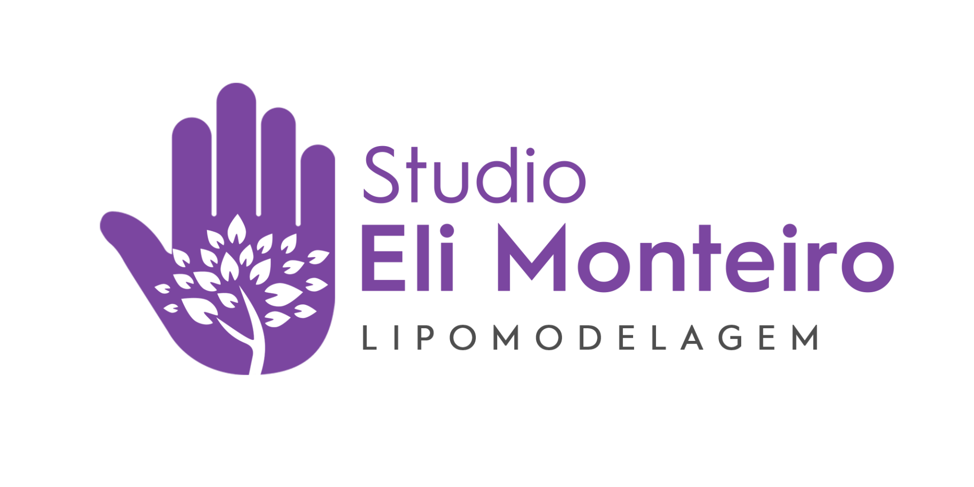 Mão roxa com uma árvore dentro; texto