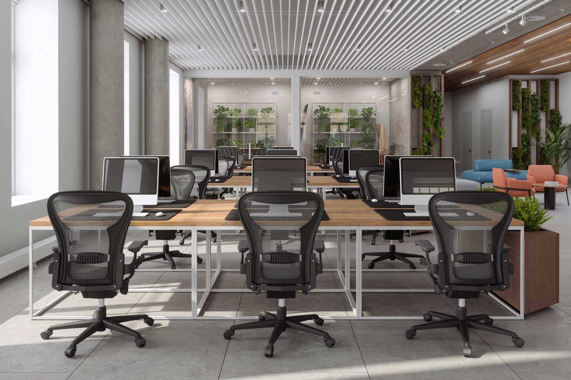 A bright office with tidy desks, ergonomic chairs, and plants arranged throughout the space. A bright office with tidy desks, ergonomic chairs, and plants arranged throughout the space.
