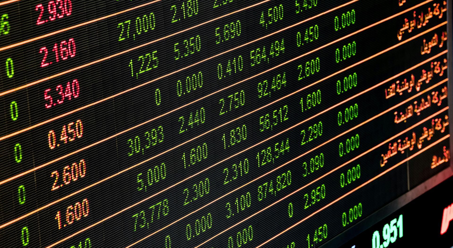 Close-up of a stock market display with numbers and financial data in orange and green on a black screen.