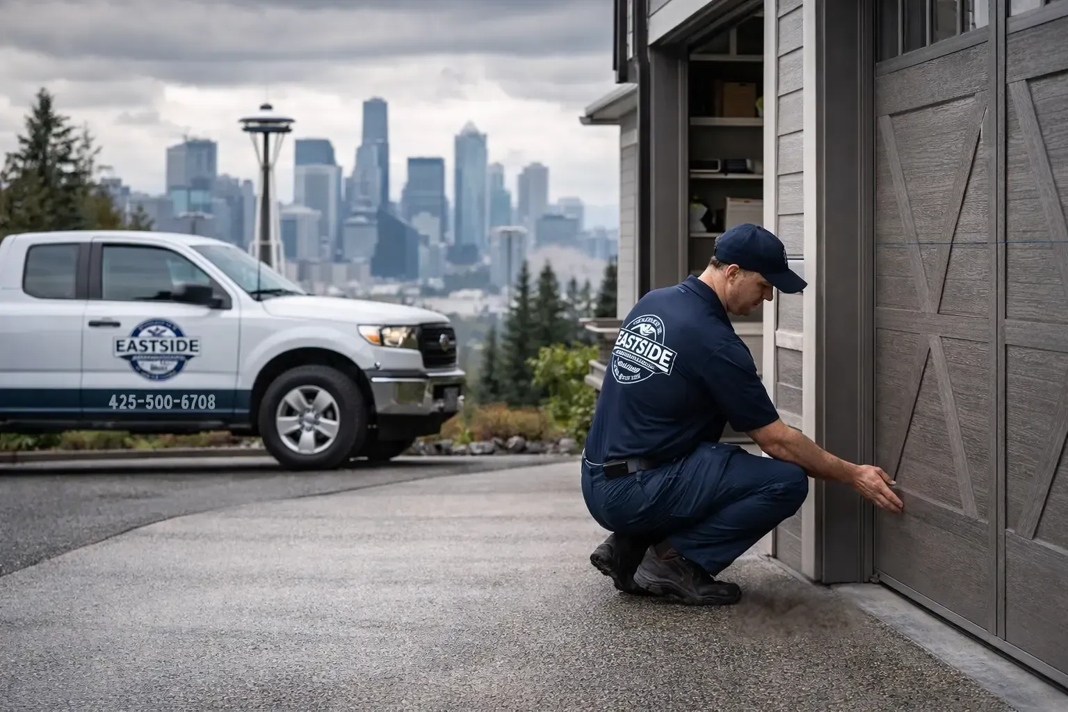 Garage door technician inspecting garage door in Bellevue on the Eastside of Seattle WA