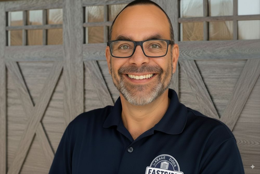 Jon Jacobs, owner of Eastside Garage Door, standing in front of a residential garage door on Seattle