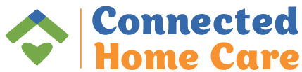 Logo for Connected Home Care with a house icon and text in blue and orange.