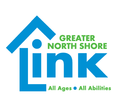 Blue and green logo for Greater North Shore Link, with a house-shaped 
