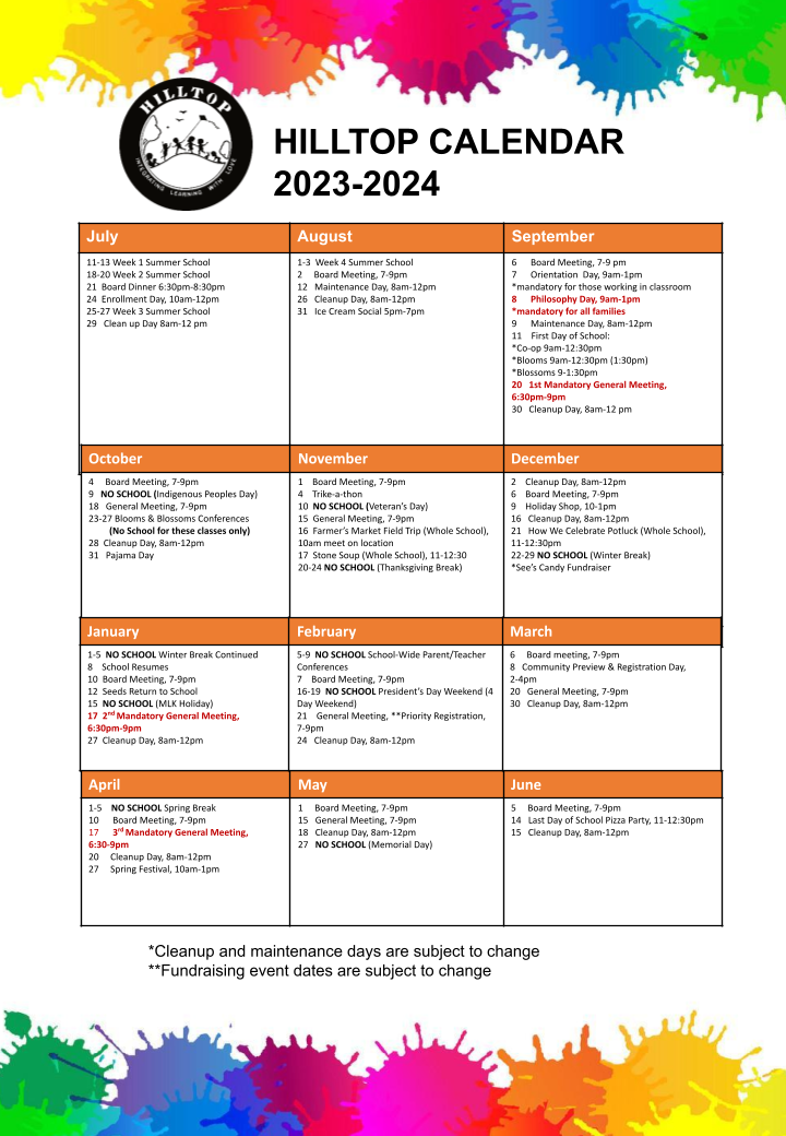 A hilltop calendar for the school year 2023-2024