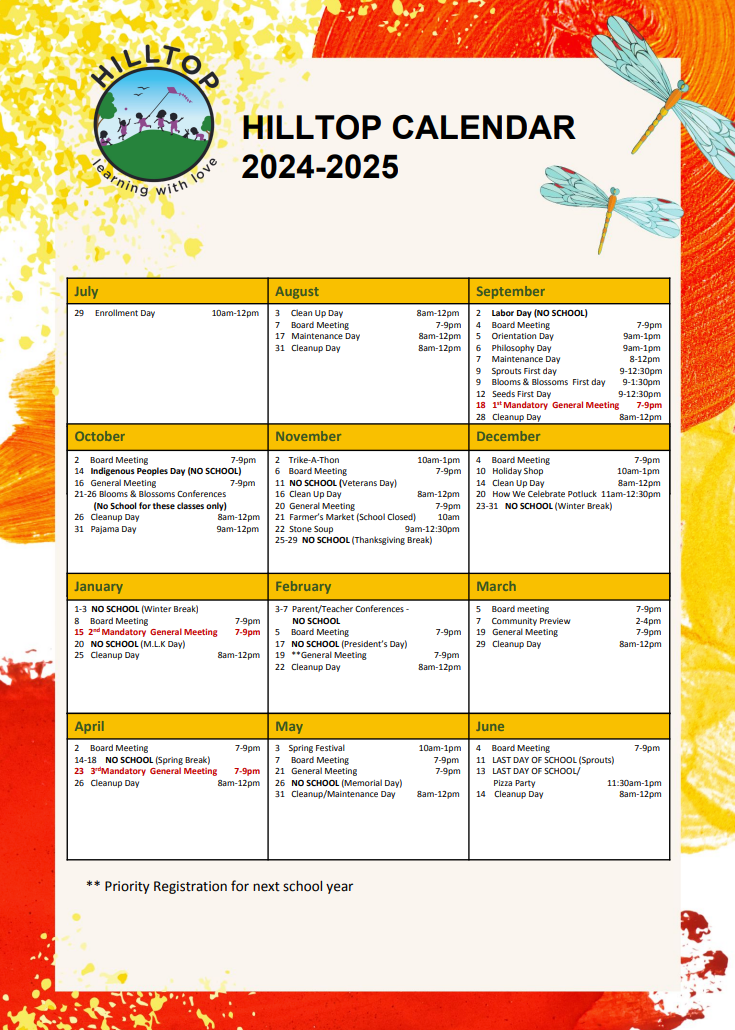 A hilltop calendar for the school year 2024-2025