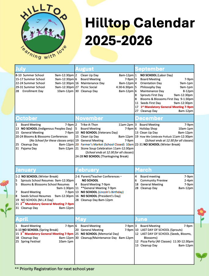 A hilltop calendar for the school year 2025-2026