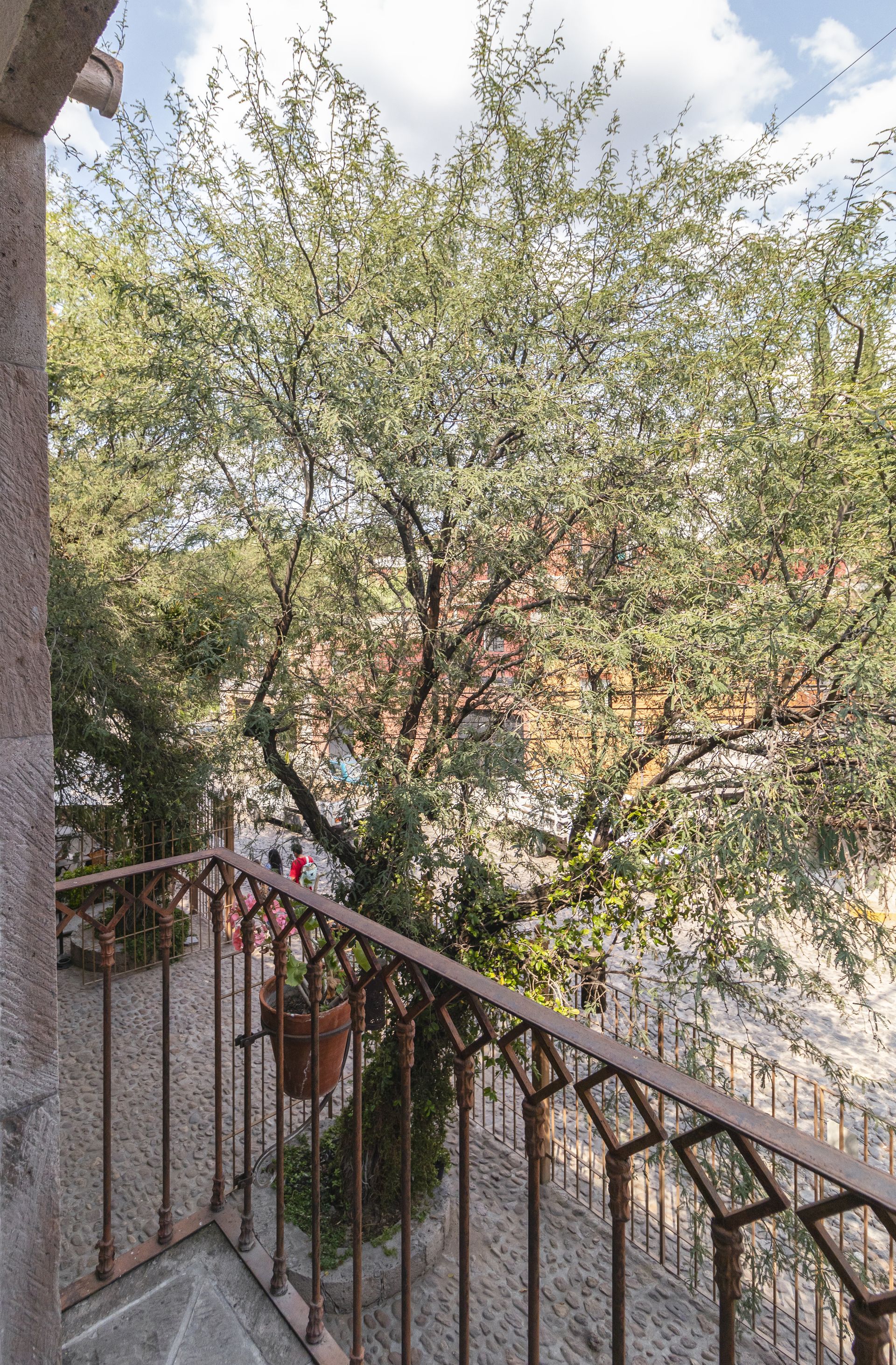 A balcony with a fence and a tree in the background.