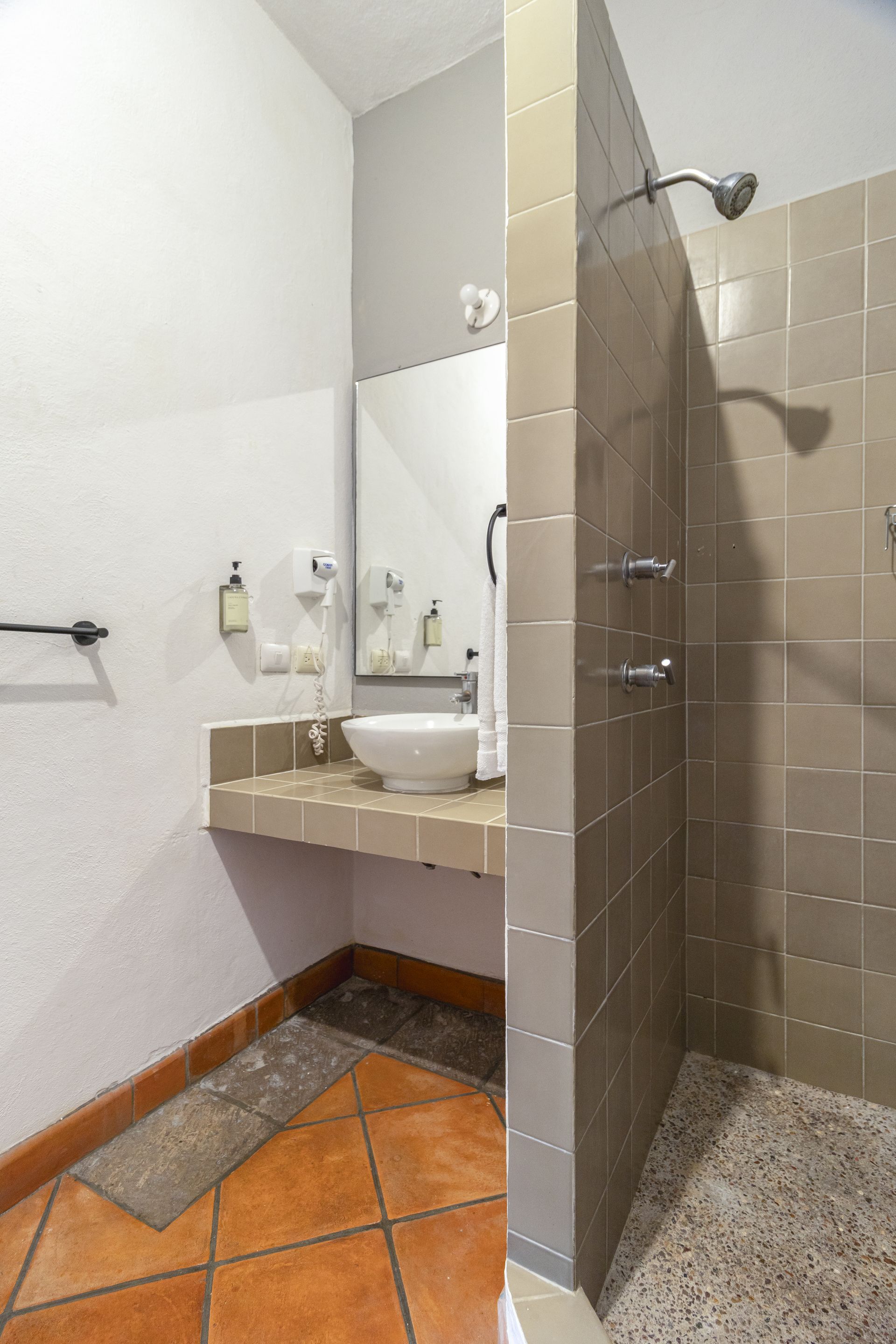 A bathroom with a sink and a walk in shower.