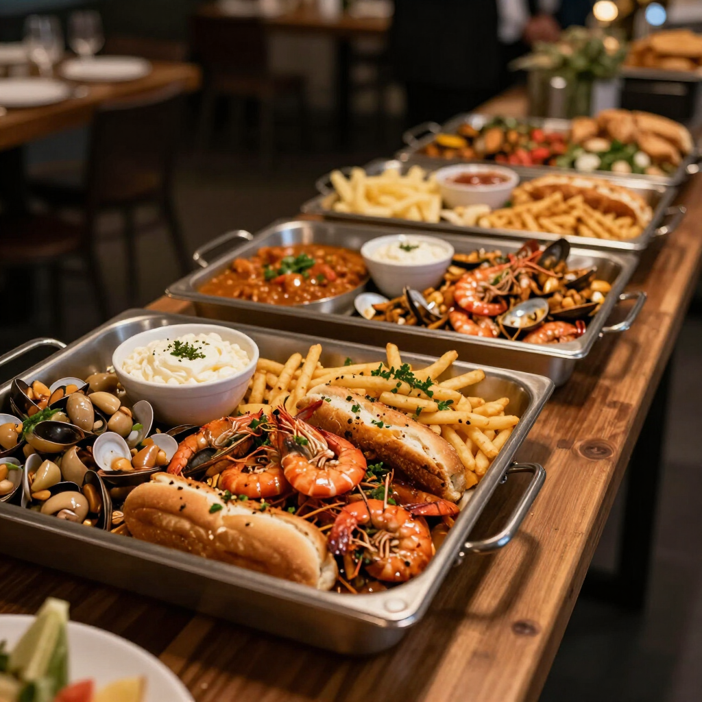 Trays of assorted seafood dishes on a wooden table at a restaurant buffet