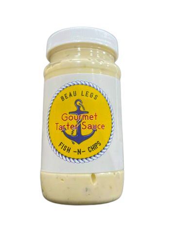 Jar of Beab Legs Gourmet Taster Sauce for Fish -N- Chips, yellow and blue label, cream-colored sauce.
