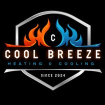 Cool Breeze Heating & Cooling logo: flames (orange/blue), text "COOL BREEZE", "HEATING & COOLING", "SINCE 2024" on black background.