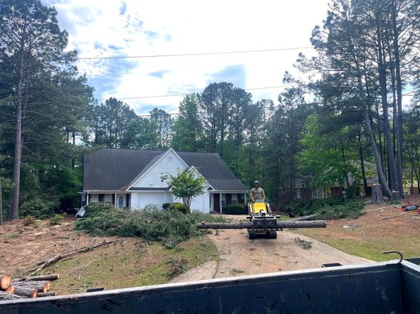 House with a yellow tractor carrying a large log down a driveway. Trees and debris are scattered nearby.