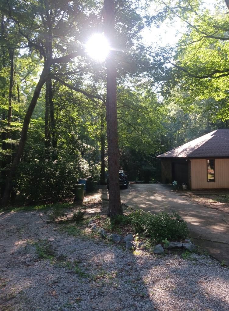 Sunlight streams through trees onto a gravel driveway and small tan house.