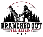 Bear chopping tree trunk with axe, company logo: Branched Out Tree Service.