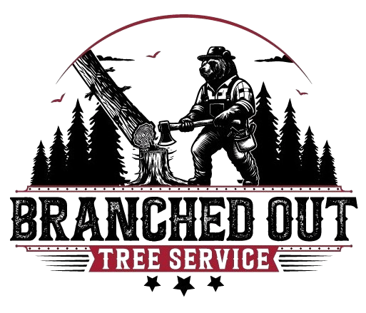 Bear chopping tree trunk with axe, company logo: Branched Out Tree Service.