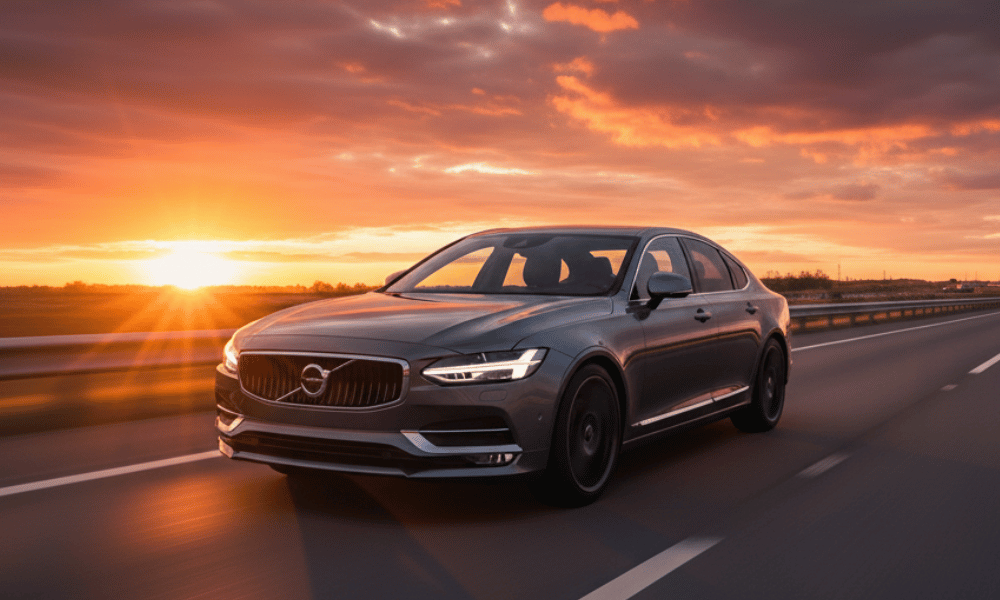 Gray Volvo sedan driving on highway at sunset