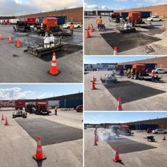 Un collage de photos d'une route en réparation dans un parking.