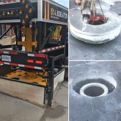 Un collage de trois photos d'un camion, d'un pneu et d'un trou dans le sol.