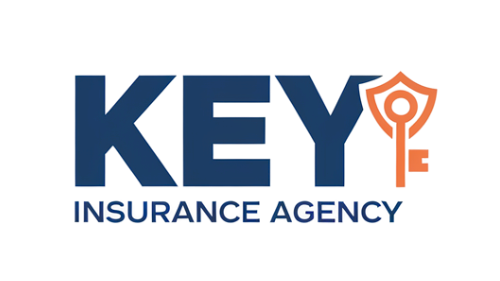 The logo for key insurance agency is black and orange.