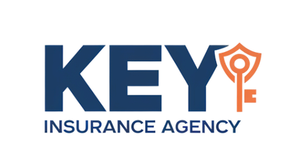 The logo for key insurance agency is black and orange.