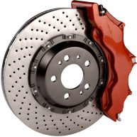 Perforated brake rotor with red caliper.
