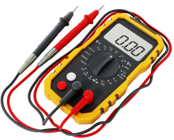 Yellow digital multimeter with black and red probes, displaying 0.00.