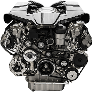 Shiny, chrome-plated car engine, showing belts, pulleys, and various components.