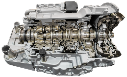 Cutaway view of an automotive transmission, showcasing internal gears and components in a silver housing.