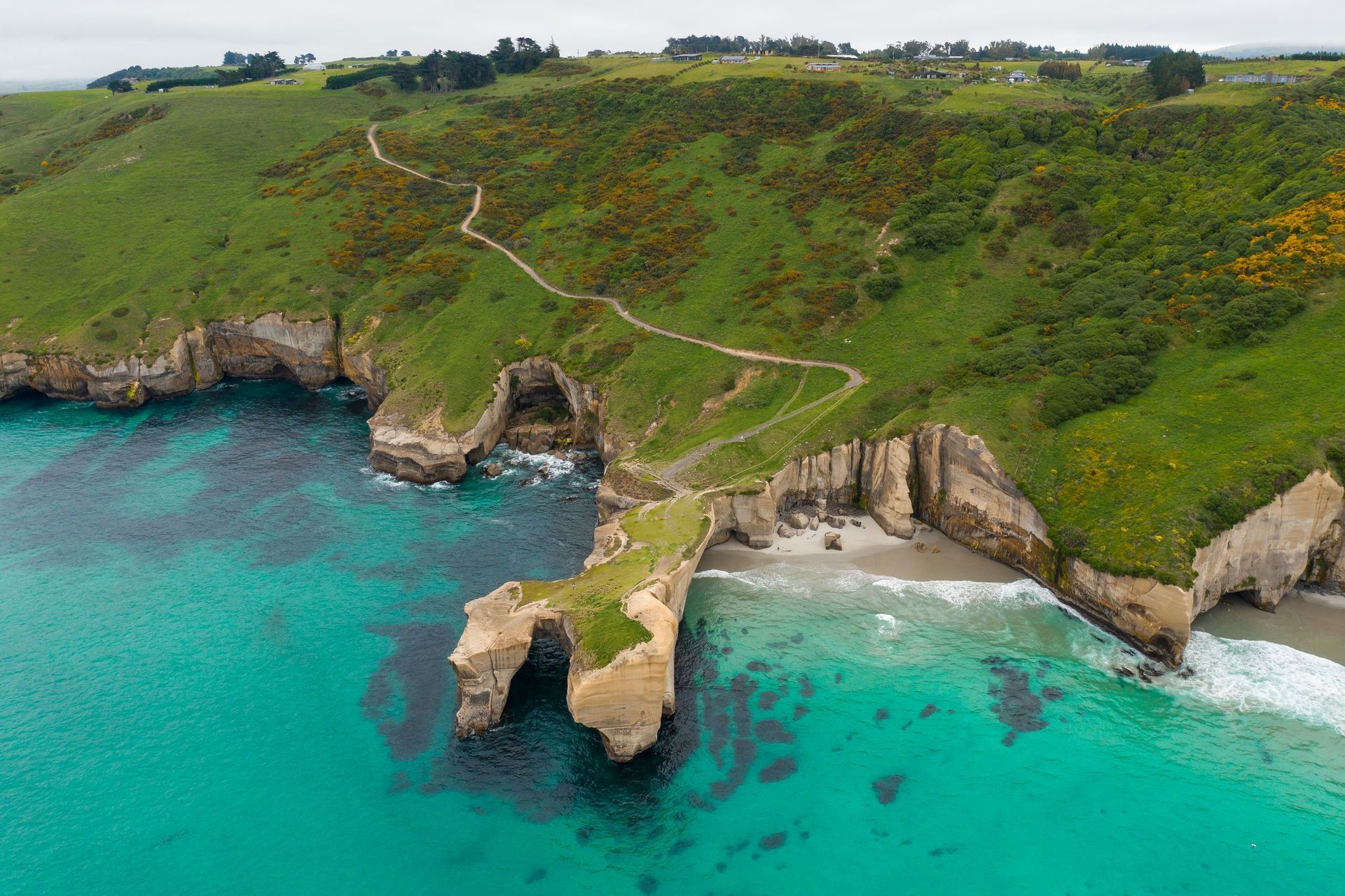 Scenic aerial view of Tunnel Beach in Dunedin, New Zealand, with dramatic sandstone cliffs, turquois