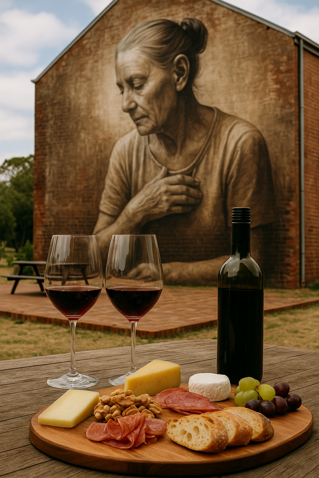 Wine, cheese, and local produce set on a rustic table with a mural artwork in the background at Wellington Dam, capturing the gourmet and artistic essence of Western Australia’s South West.