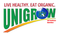 A logo for unigrow that says live healthy eat organic