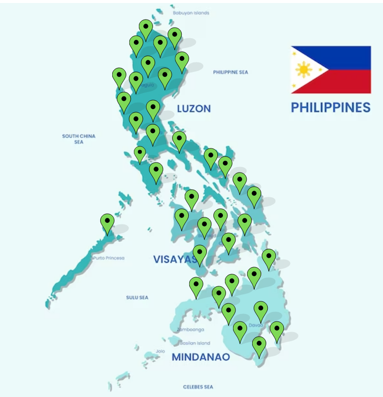 A map of the philippines with green pins and a flag.