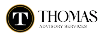 Thomas Advisory Services logo with black and gold circular T emblem and serif wordmark