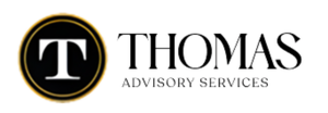 Thomas Advisory Services logo with black and gold circular T emblem and serif wordmark