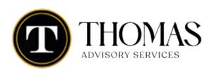 Thomas Advisory Services logo with black and gold circular T emblem and serif wordmark