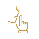 Profil d'une personne, doigt sur les lèvres, main levée pour signaler le silence.