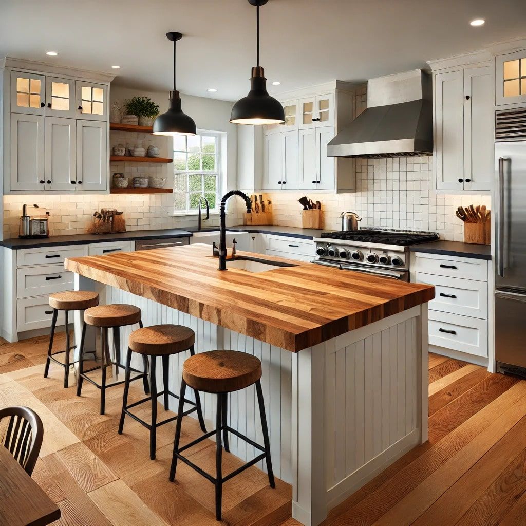 A kitchen with a large wooden island and stools in NoVA